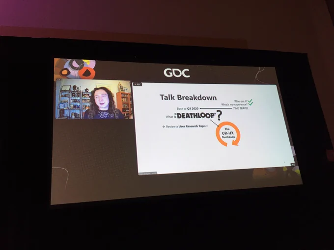Picture of Dana presenting her talk remotely at GDC