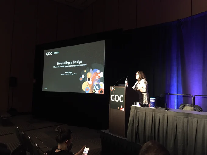 Picture if Abigail Rindo giving her talk at GDC