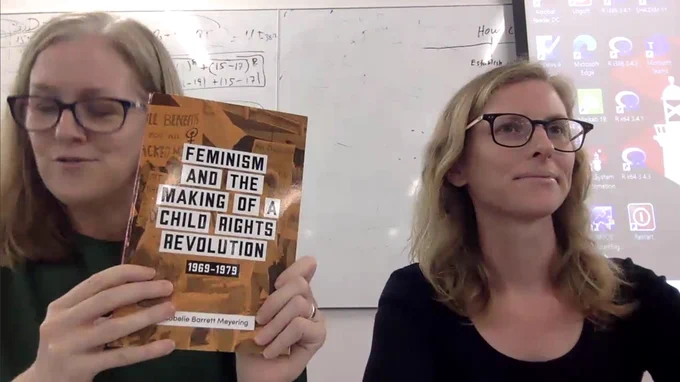This is a screenshot of Prof. Michelle Arrow and Dr Isobelle Barrett Meyering during their discussion. Michelle is holding up Isobelle’s book, the title of which is included in the tweet.