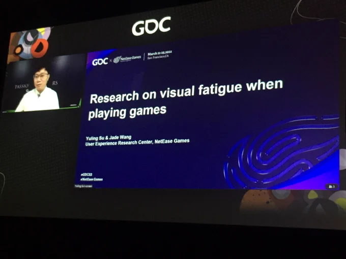 Photo of Yuling Su presenting his GDC talk remotely.
