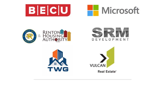 Company logos of BECU, Microsoft, City of Renton & Renton Housing Authority, SRM Development, TWG Development, and Vulcan Real Estate.