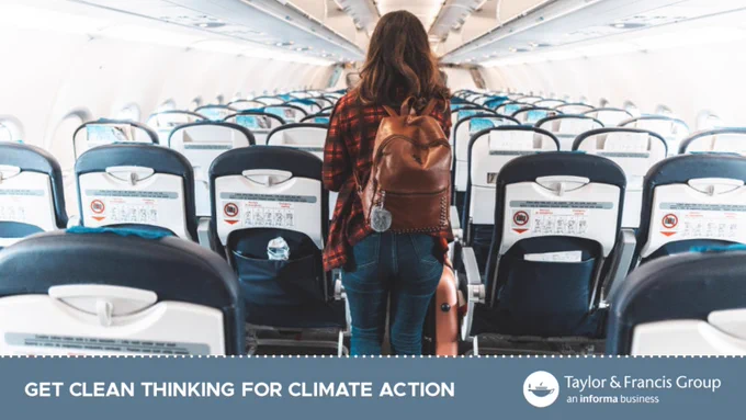 A woman boarding a plane. Get Clean Thinking for Climate Action. Taylor & Francis logo 