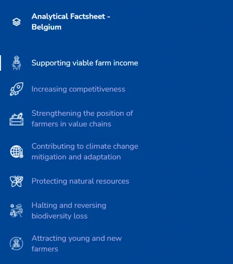 A screenshot of the indicators in the factsheet for Belgium: farm income, competitiveness, value chains, climate change mitigation and adaptation, protecting natural resources, halting biodiversity loss, young and new farmers.