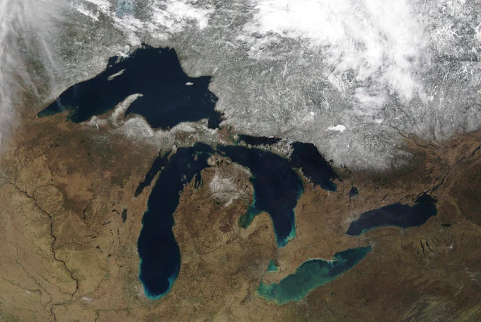 A satellite image of the Great Lakes basin. 