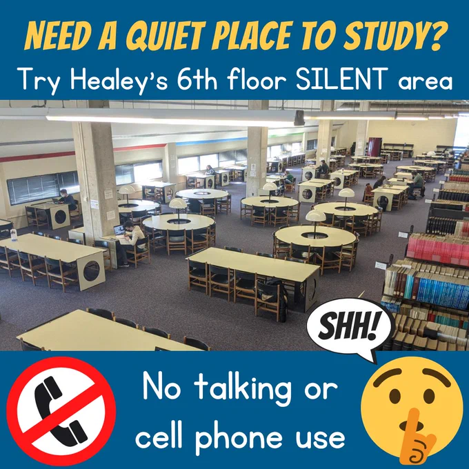 ID: Photo of desks and library stacks, from above. Blue background with a emoticon going "shhh" and a phone crossed out.