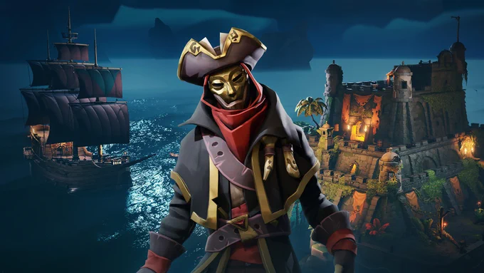 An intimidating pirate stands in front of a Sea Fort and Galleon at night.
