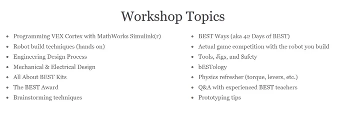 List of workshop topics