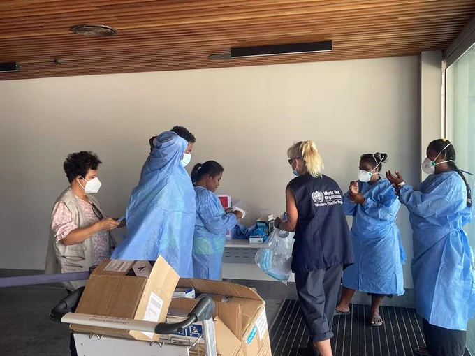 Photo of Personal Protective Equipment training for airport staff in Kiribati