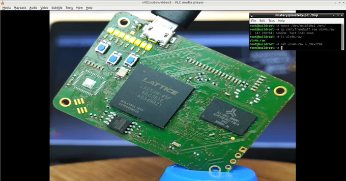 Picture of ULX4M FPGA board in linux frame buffer showed by vlc media player HDMI to USB