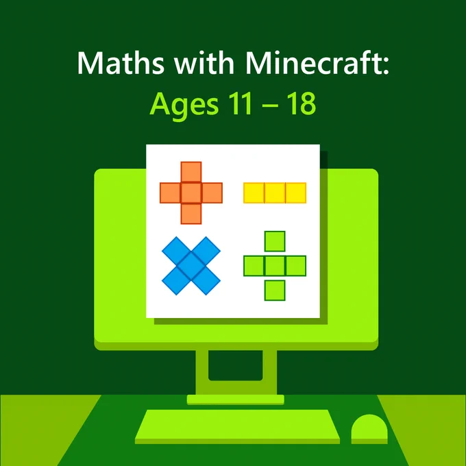 A screen with blocks making up maths symbols. Text reads Maths with Minecraft ages 11-18. 