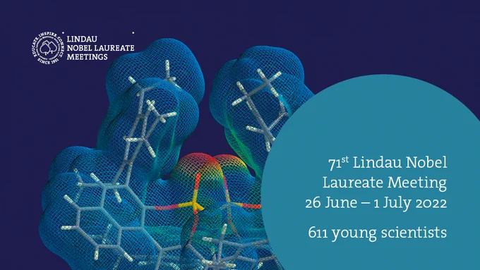 The key visual of #LINO22: A blueish depiction of molecular structures representing asymmetric organocatalysis 