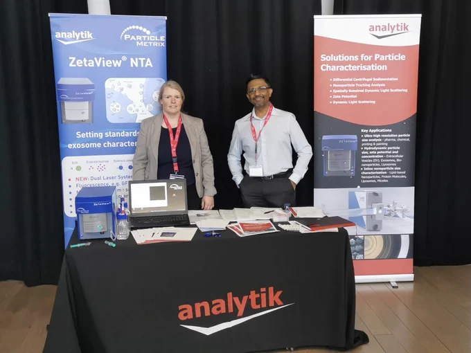 Christina Klasen from Particle Metrix und Hiran Vegad from Analytik at the booth during The Forge in Belfast.