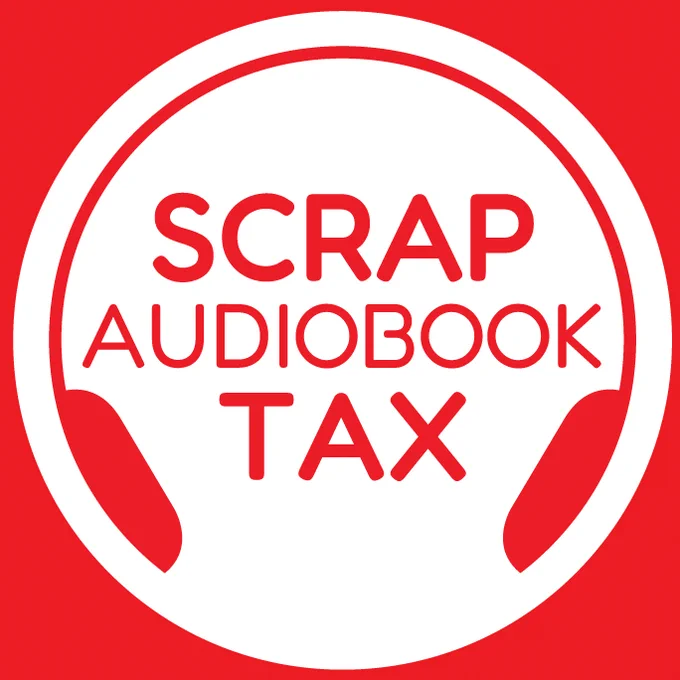 Scrap Audiobook Tax! This image is of a stamp with these words enclosed within headphones in bright red. The badge represents the campaign to remove VAT from audiobooks in line with print books and eBooks.