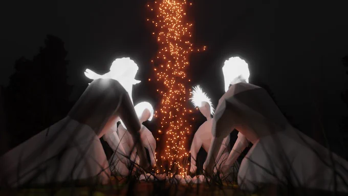 A digital rendering of four figures sitting around a fire