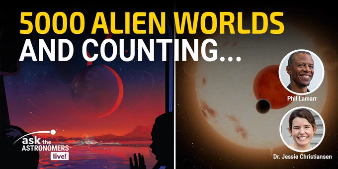 The show banner for Ask The Astronomers Live, featuring headshot images of host Phil Lamarr and guest astronomer Dr. Jessie Christiansen. The background images are two artist's illustrations: one depicts two planets passing in front of their host star, the other contains multiple planets viewed by people through a window as though they are tourists visiting an alien world far away.
