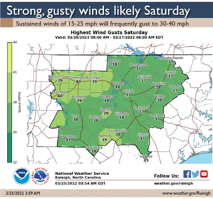 Map showing forecast wind gusts Saturday of 35 to 40 mph.