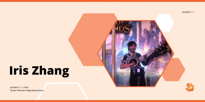 An hexagon with a picture of Iris Zhang inside of it, and a smaller orange hexagon behind it like a shadow. The background is pale orange and there is a text saying "Iris Zhang" above "projectawr.com; Asian Women Representation", with the orange phoenix logo of Project AWR.