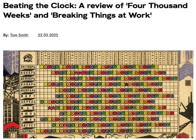 A screenshot of the blog post. At the top reads the name of the piece: "Beating the Clock: A review of 'Four Thousand Weeks' and 'Breaking Things at Work.' Below this is the author's name and date of publication: Tom Smith and 22.03.2022. Below this is a picture of a 1929-1930 Soviet Calendar featuring a table filled with circles of different colors. There is text below the table, which translates as follows: "Just remember your color, and you'll always know your rest day."