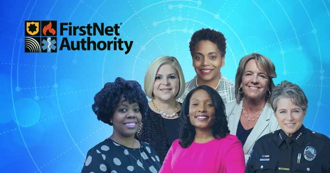 FirstNet Authority logo; headshots of Karima Holmes, Jocelyn Moore, Chief Sylvia Moir, Alexandra Fernandez Navarro, Sheriff Kristin Graziano, and Tia Boatman Patterson; concentric circles with dots 