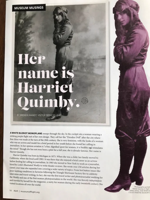 Harriet Quimby in her distinctive purple flight suit that she wore making her historic English Channel crossing in 1912 