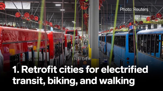 A photo of electrical buses with the text: "1. Retrofit cities for electrified transit, biking, and walking.”