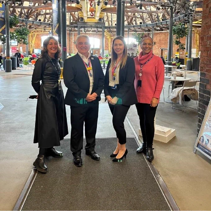 Carol Dixon, DCG Director of Employer Partnerships; Roger McBroom; Mel Palmer; and Donna Evans-Thomas, DCG Key Account Manager at The Roundhouse, Derby College.