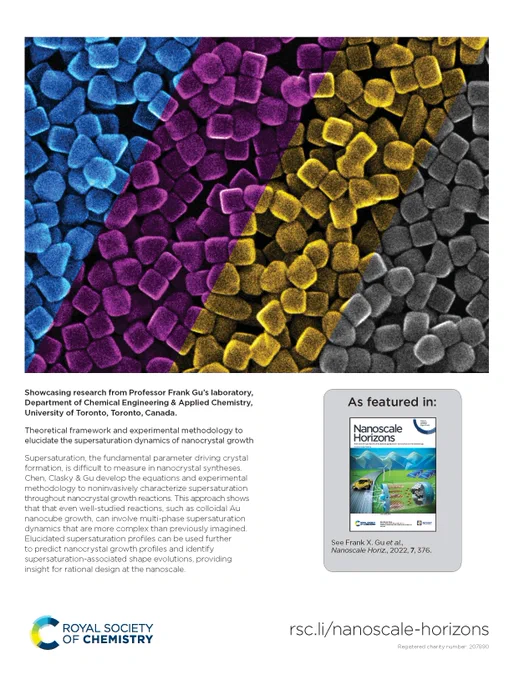 TEM image depicting multiple cubic structures overlaid with blue, purple, yellow and grey diagonal stripes