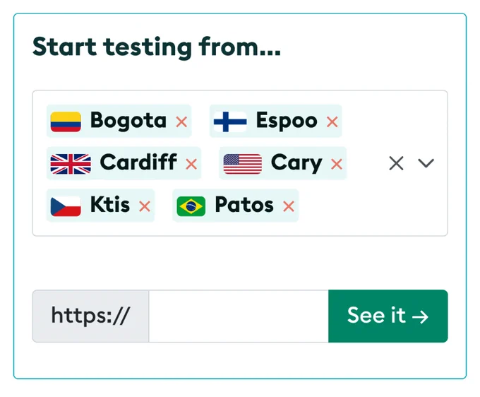 Screenshot of the testlocal.ly interface showing Bogota, Espoo, Cardiff, Cary, Kris, and Patos