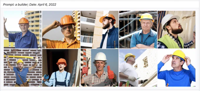 2x5 table with images of construction workers. Each one is white. Above says, "Prompt: A builder; Data: April 6, 2022"