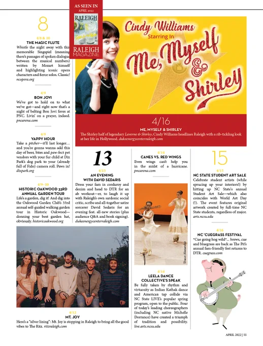 Image Description: Cut out from Raleigh Magazine's April "TO DO" page featuring a photo and information about SPEAK. 