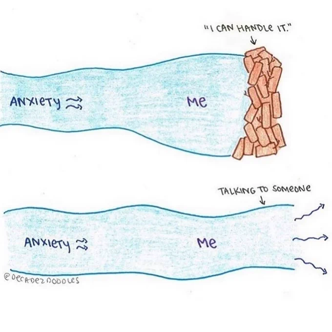 A graphic of two rivers. The first river has been blocked by bricks, with "I can handle it" above. The second river is free flowing without the bricks. The message is that you should talk to someone, and not bottle up your emotions.