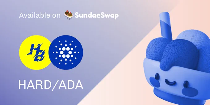 Cardano and Hard Blue logo with SundaeSwap theme background