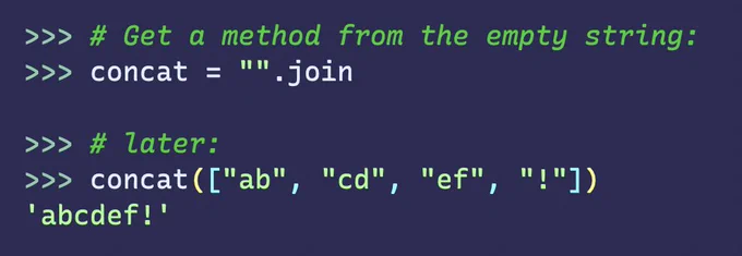 concat = "".join; ...; concat(["ab", "cd", "ef"]) --> "abcdef"