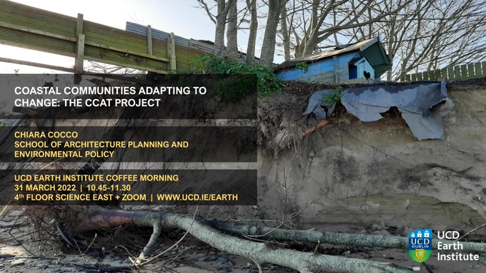 Illustrative event poster showing background image of coastal damage due to climate change and the title, speaker and location of the talk