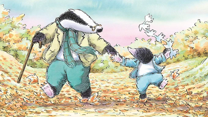 The front cover of Badger's Parting Gifts - an illustration of an older badger walking down a country path with a cane, hand in hand with a mole who has a paper chain in his paw