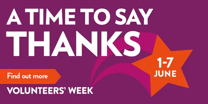 [A mauve, pink and orange designed coloured background with a starburst image and text overlaid: ]

A Time To Say Thanks
1-7 June

Find out more
Volunteers' Week