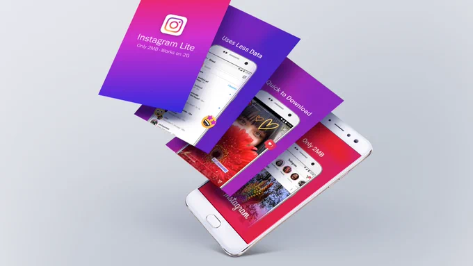 Three detached mobile device screens display Instagram Lite in a fanned array above a phone.