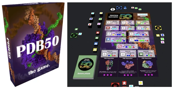 Left: Mockup of a "PDB50: the game" box.  Right: Boardgame playing pieces on a black background.
