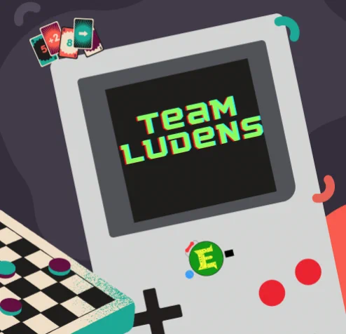 Un game boy vieux modèle intègre un visuel Team Ludens avec un sticker eTeachers. Autour des jeux de plateaux