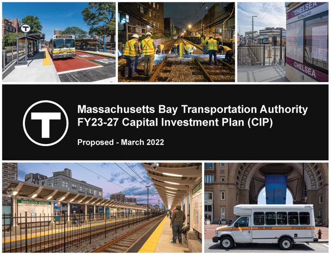 The cover of the Capital Investment Plan with photos of a bus, construction work, a commuter rail station, a Green Line station, and van for The RIDE.
