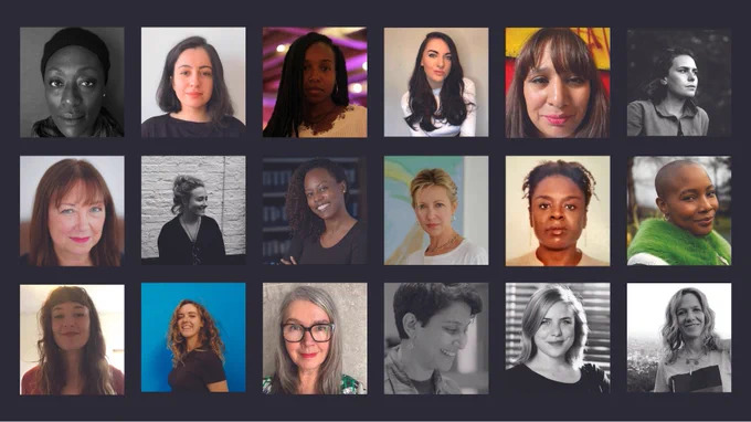 A composite grid of 18 headshots of female and non-binary filmmakers against a black background'