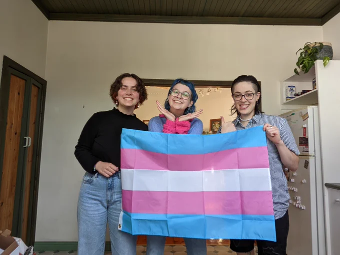 Photo of 3 young trans people standing and smiling holding a trans flag in front of them. Jamie on the left has short dark hair and is grinning, Is is in the middle with blue hair and glasses and their hands posed under their chin and Alyssa on the left with a black mullet, glasses and their tongue out and thumbs up. 