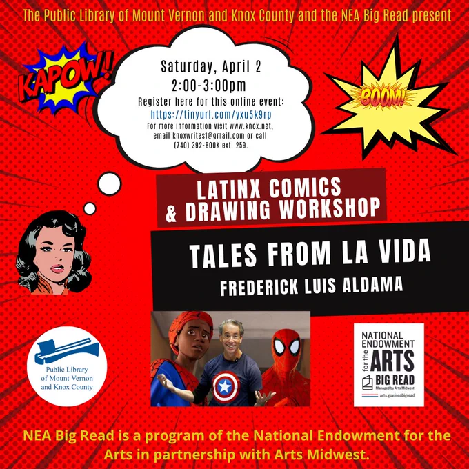 Tales from La Vida: LatinX Comics Workshop with Frederick Luis Aldama.

Sat. April 2, 2PM via Zoom.

Contact @knoxwrites1 for more information or get registered at https://us02web.zoom.us/webinar/register/WN_beMwJn9CRO2Y_qel-MaxvA

@NEABigRead is a program of the @NEAarts in partnership with @ArtsMidwest.