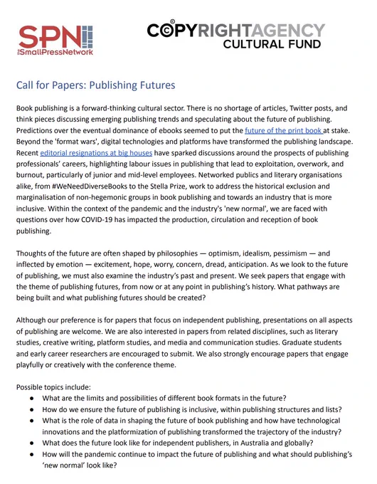 Screenshot of conference call for papers on the theme of publishing futures. Image text can be found at the link in the tweet. 