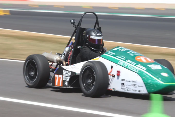 The University of Sussex car at the Endurance course at Copse Corner during Formula Student 2018