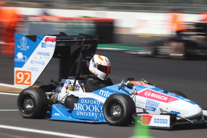 2018 runner up Oxford Brookes takes the Endurance course at Copse Corner during Formula Student 2018