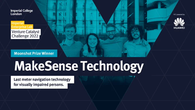 An image showing four members of the MakeSense Team behind the blue 'V' logo of the Venture Catalyst Challenge. Text over the image states 'Moonshot Prize Winner - MakeSense Technology, Last meter navigation technology for visually impaired persons.'