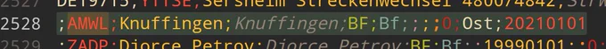 Screenshot aus einer CSV-Datei. Zu sehen ist ein Eintrag, der wie folgt aussieht:

;AMWL;Knuffingen;Knuffingen;BF;Bf;;;;0;Ost;20210101