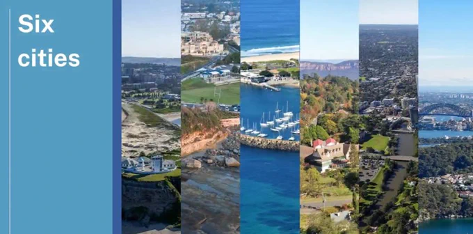 Triptych style image of six cities landscape
