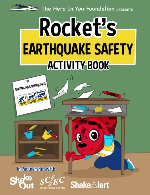 The cover of Rocket's Earthquake Safety Activity Book created by the Hero in You Foundation and is available in 9 languages.